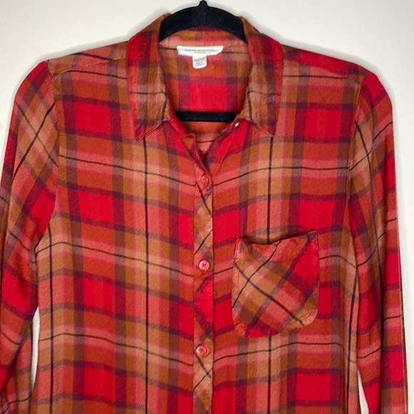 Beach Lunch Lounge Red Plaid Soft Comfy Cozy Rayon Plaid Button Down Flannel XS - Picture 2 of 9